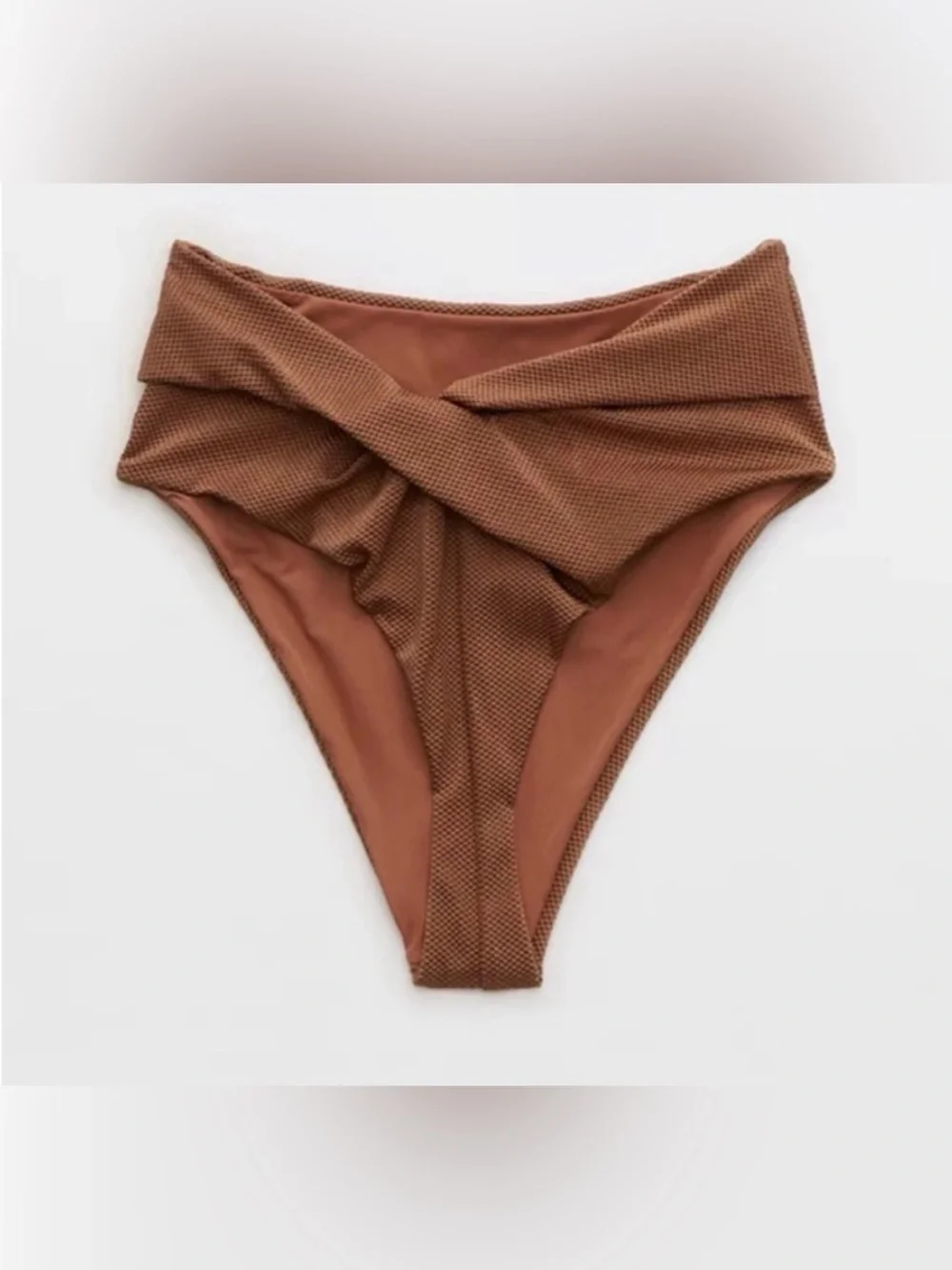AERIE crossover shine PIQUE HIGH WAIST TWIST CHEEKY BIKINI BOTTOMS L
